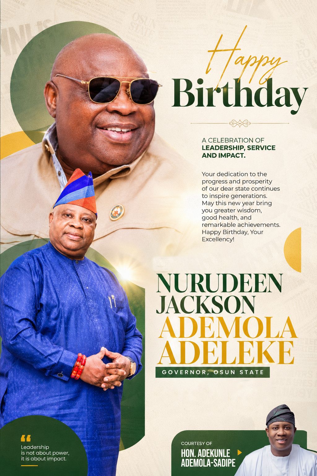 A Celebration of Leadership: Hon. Adekunle Ademola-Sadipe Marks Governor Adeleke’s 66th Birthday
